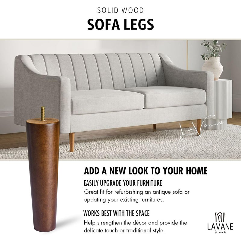 La Vane 6 inch Solid Wood Furniture Legs (15cm) - Walnut Finish Tapered Replacement Feet with 5/16 inch Thread & Mounting Plates - Set of 4 for Sofa, Couch, Cabinet, Ottoman - Image 2